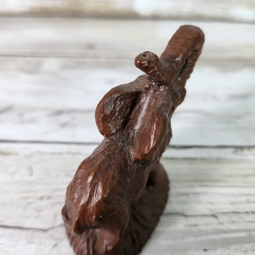 Carved Baby Elephant Raised Trunk‎ Miniature Brown Figurine Statue Safari